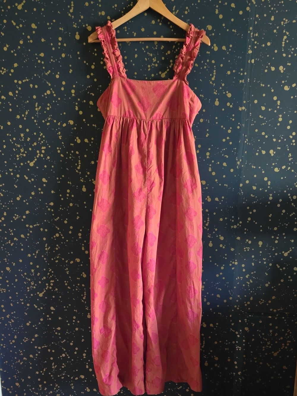 FREE PEOPLE Katya Rose Print Ruffle Strap Empire Waist Wide Leg Jumpsuit Size XS - Picture 5 of 9